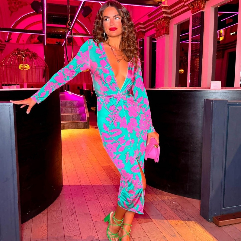 NWT DONT MAKE ME WAIT - GREEN FUCHSIA FLORAL PLUNGE MIDI DRESS